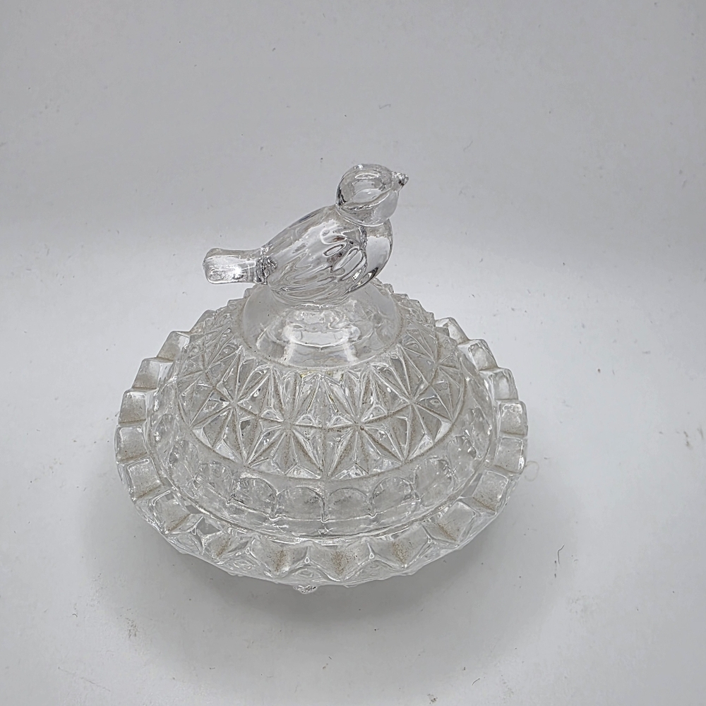 VTG Hofbauer Diamond Point Glass Bird Footed Trinket Dish With Lid